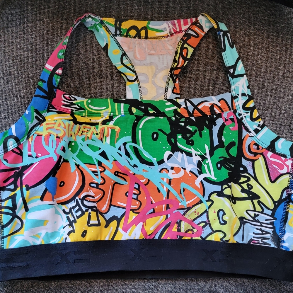 TomboyX Multicolor Graffiti Print Sports Bra with Black Band